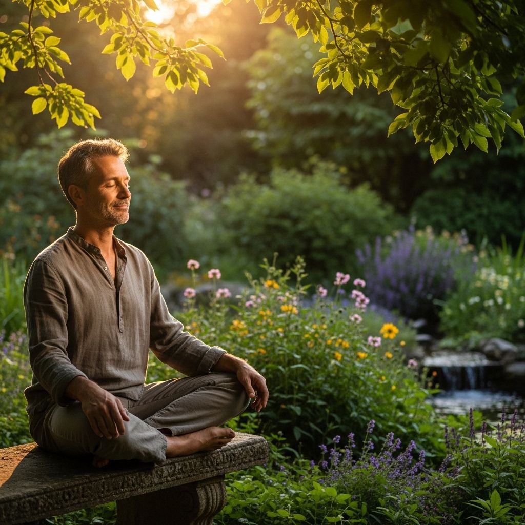 Calm middle-aged man meditating outdoors in a garden during golden hour, sitting cross-legged with eyes closed in a peaceful natural environment