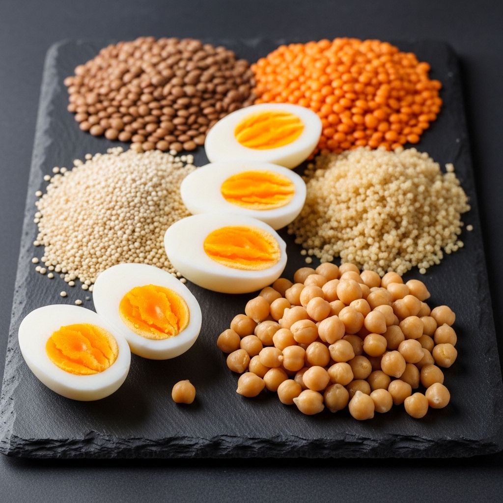 Variety of high-protein whole foods including eggs, lentils, quinoa, and chickpeas arranged in separate sections on a dark slate board with clean natural lighting