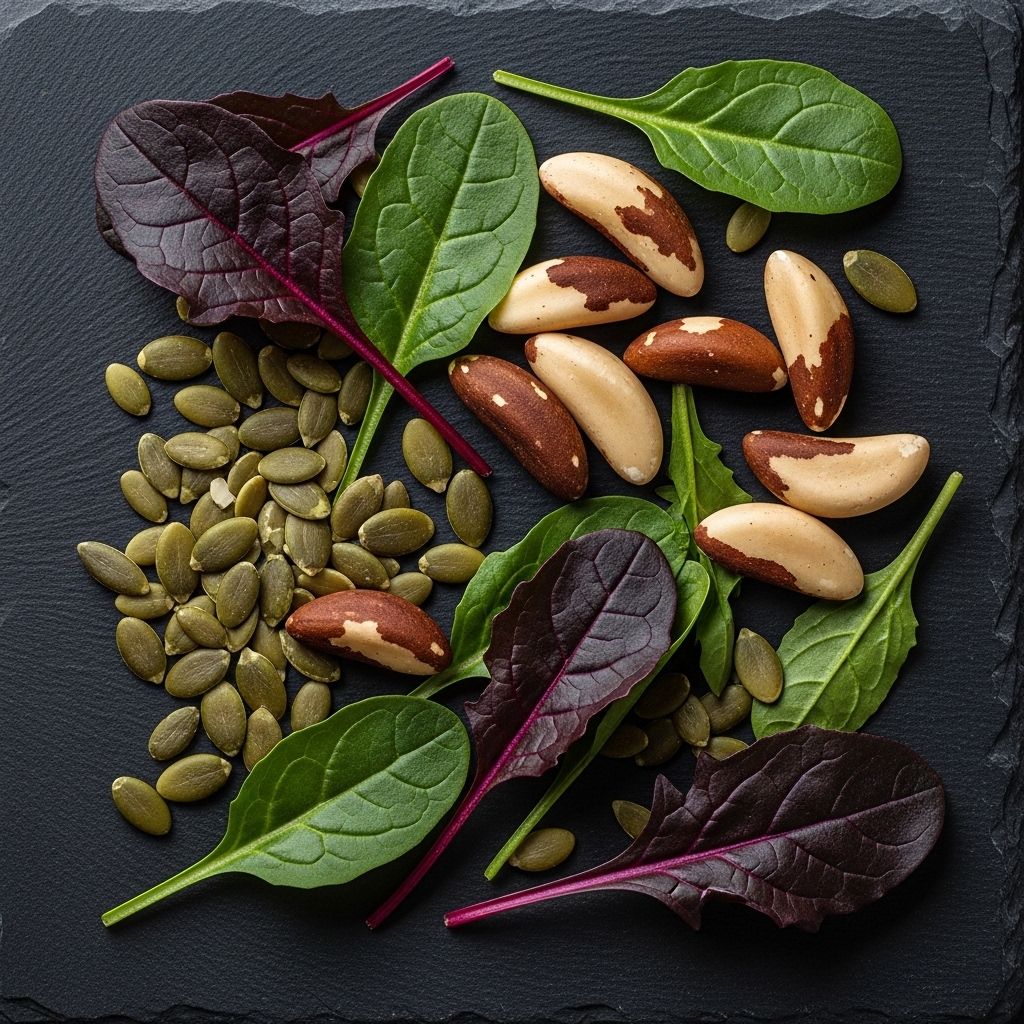 Close arrangement of mineral-dense whole foods including dark leafy greens, pumpkin seeds, and brazil nuts on dark textured stone with moody directional lighting