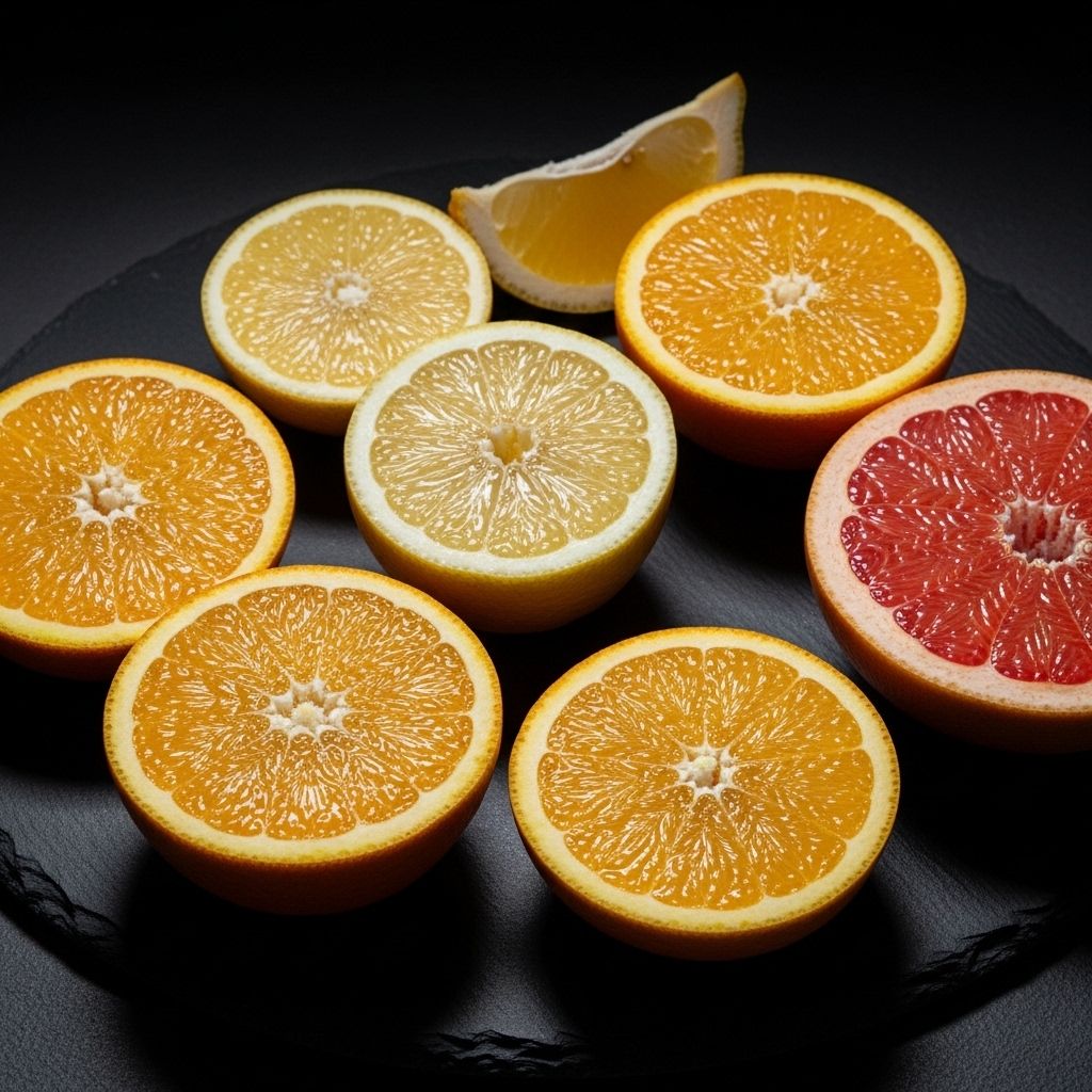 Array of bright yellow and orange citrus fruits cut open on a slate surface with dramatic side lighting revealing rich vitamin C content and natural textures