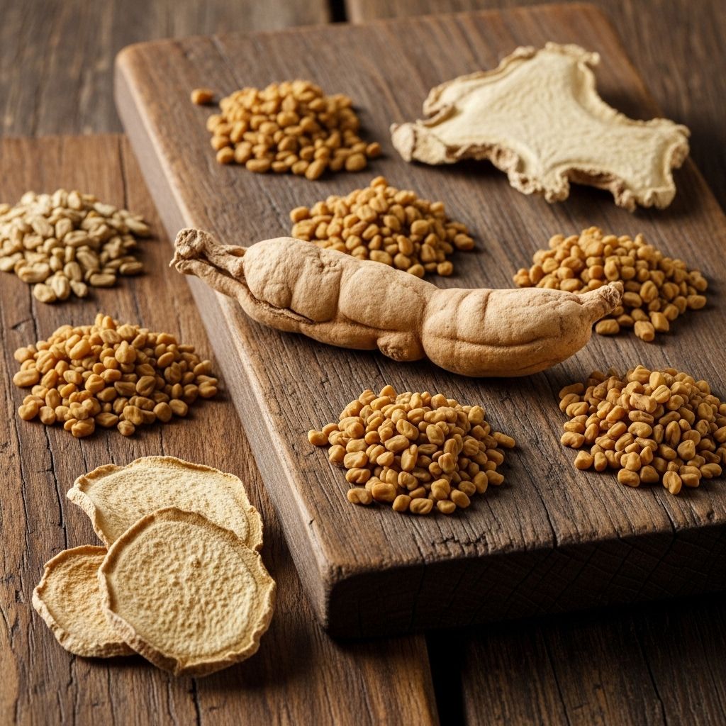 Dried botanical herbs including ashwagandha root, fenugreek seeds, and dried ginger arranged on aged wooden boards in soft museum-style lighting