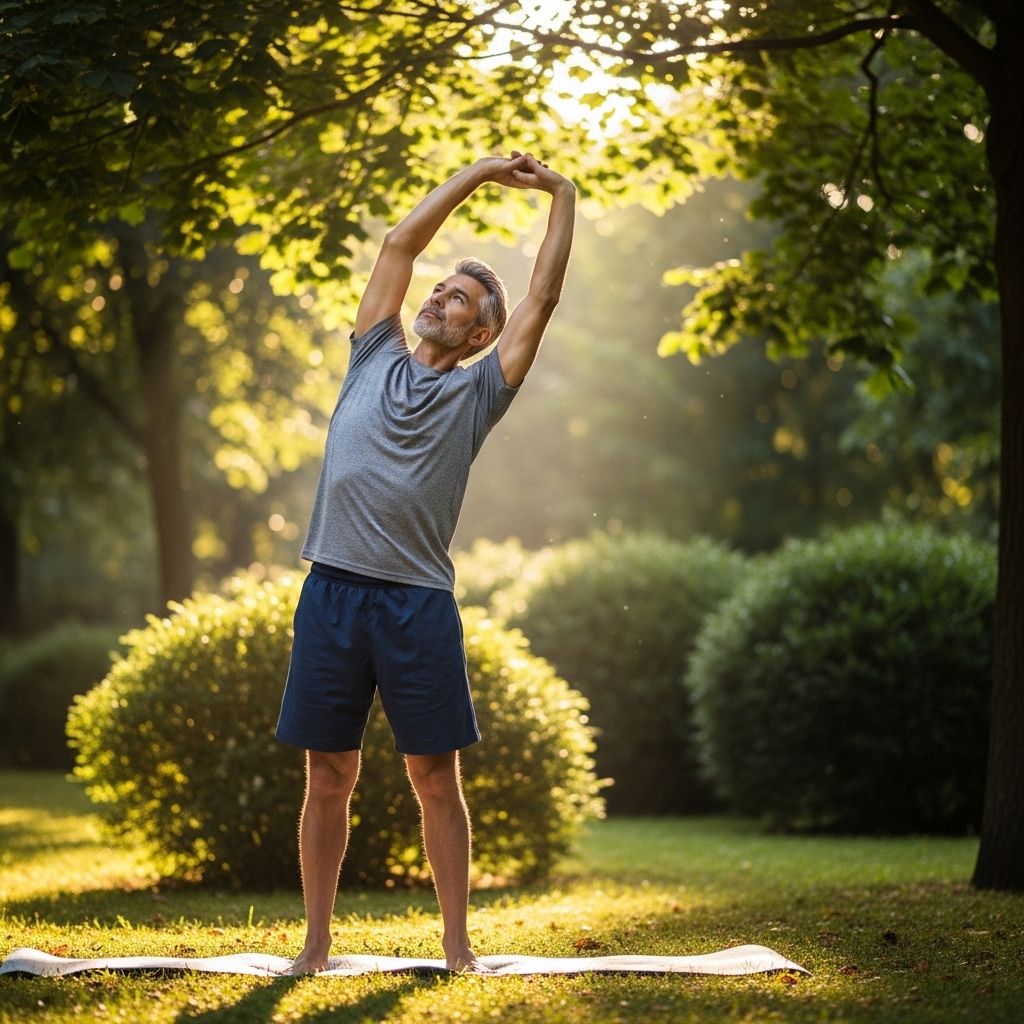 Middle-aged man practising gentle morning stretching exercises in a sunlit park surrounded by greenery, demonstrating balanced active living